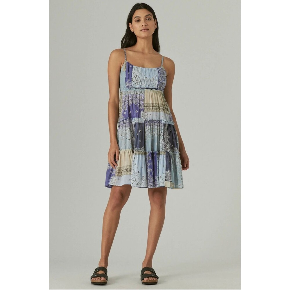 Lucky Brand Babydoll Tiered Dress Sz L Boho Festival Y2K Blue Patchwork Cotton